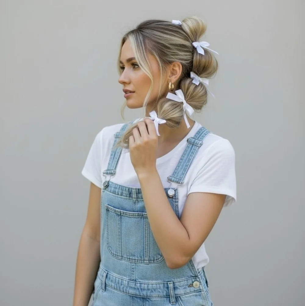 Elegant White Satin Hair Ponytail Bow • 5 Piece Set • New